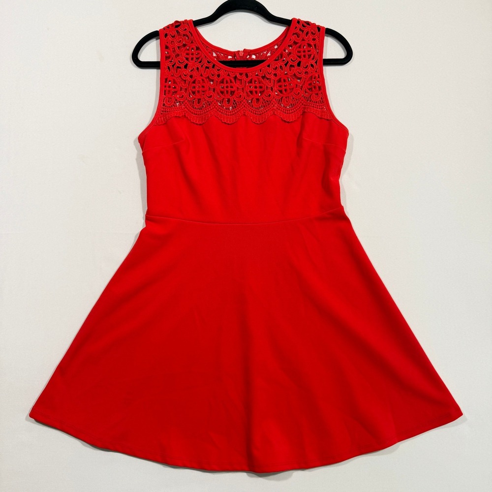 Lulus Skater Dress Women's XL Red Crochet Lace Yoke Fit and Flare Mini Cocktail
